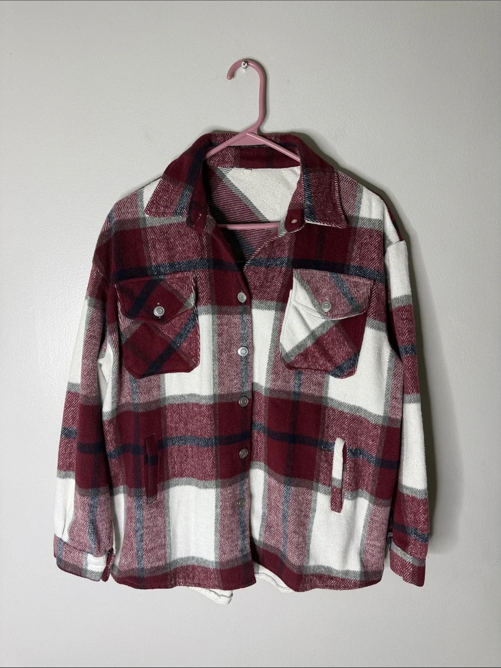 Burgundy & White Plaid Button-Up Shacket Size Large